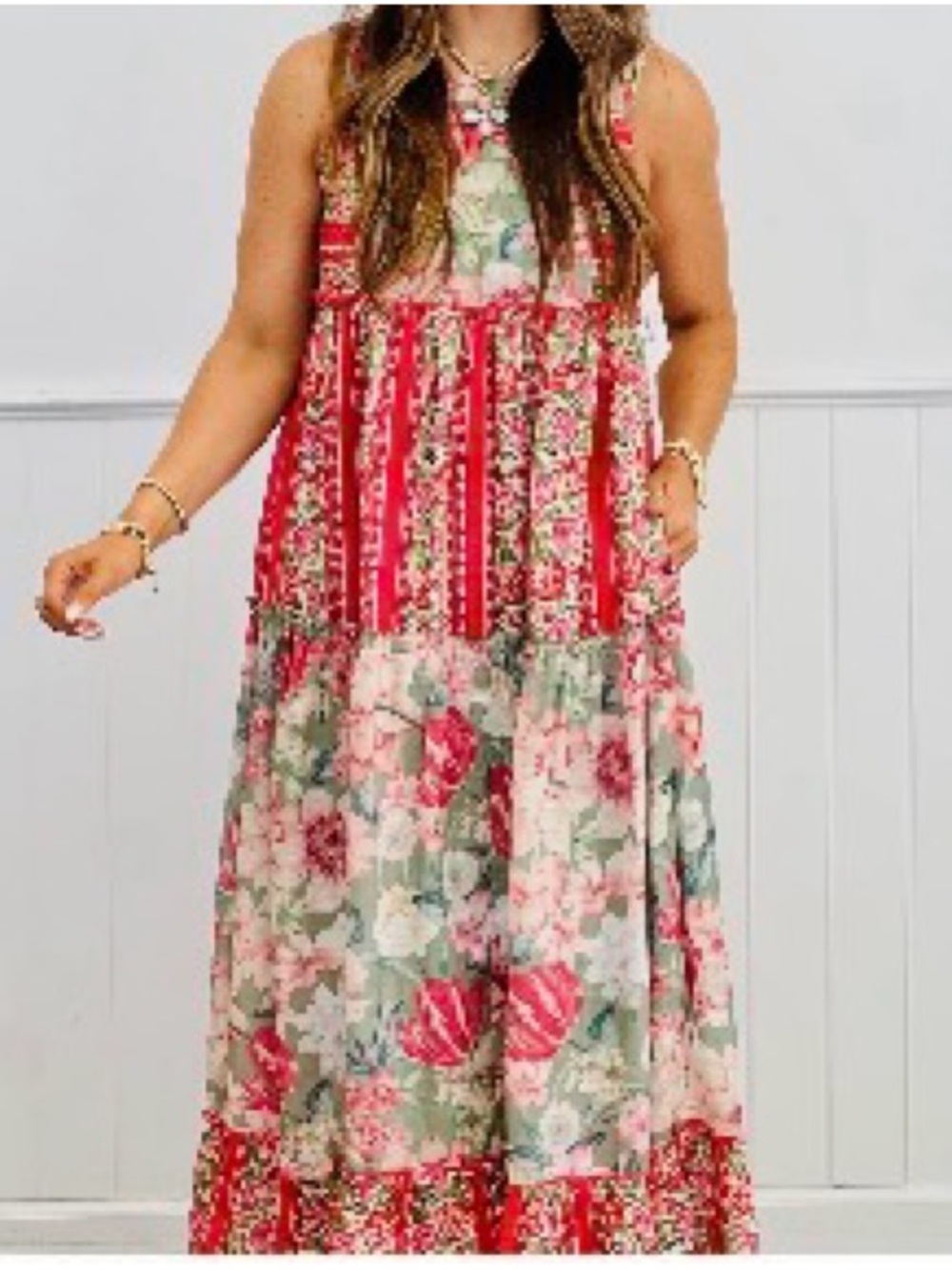 Walker Rose Floral Tiered Maxi Dress in Red and Green